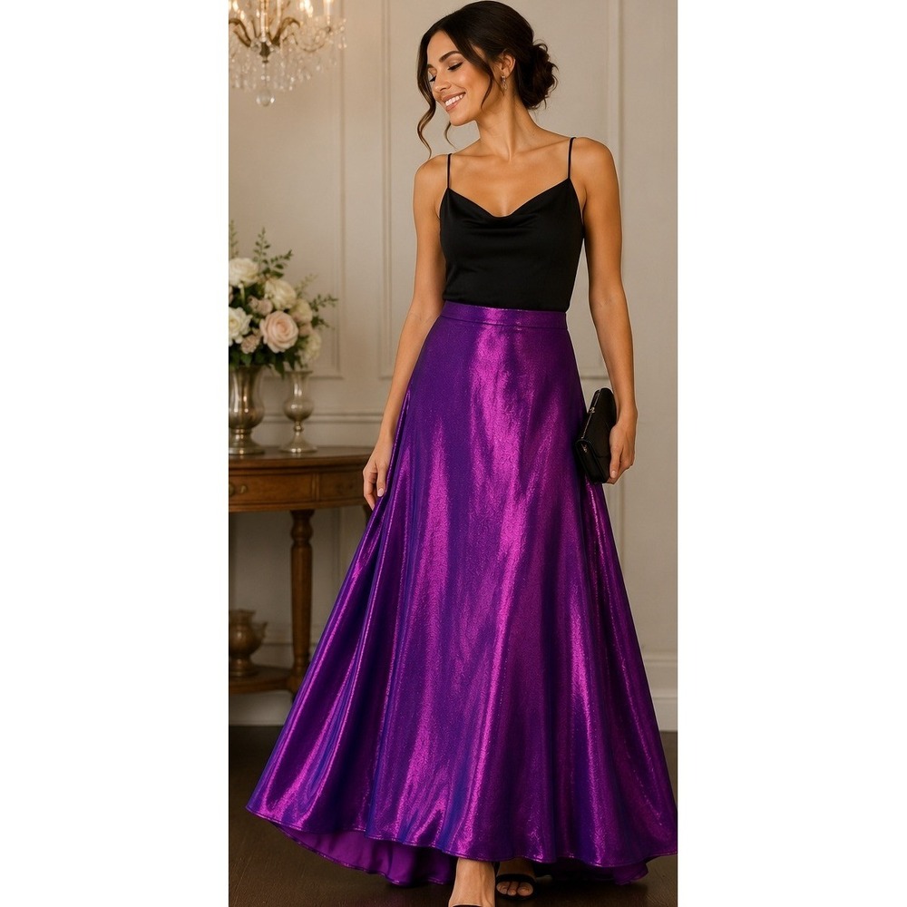 Cameron Blake by Mon Cheri Metallic Purple Maxi‎ Skirt Size 4 Formal Evening